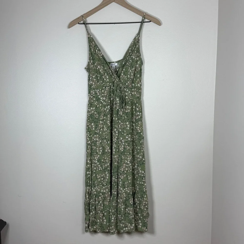 AUW Womens Floral Cottagecore Midi Dress Size M Green Ruffle Hem Spaghetti Strap - Picture 2 of 9